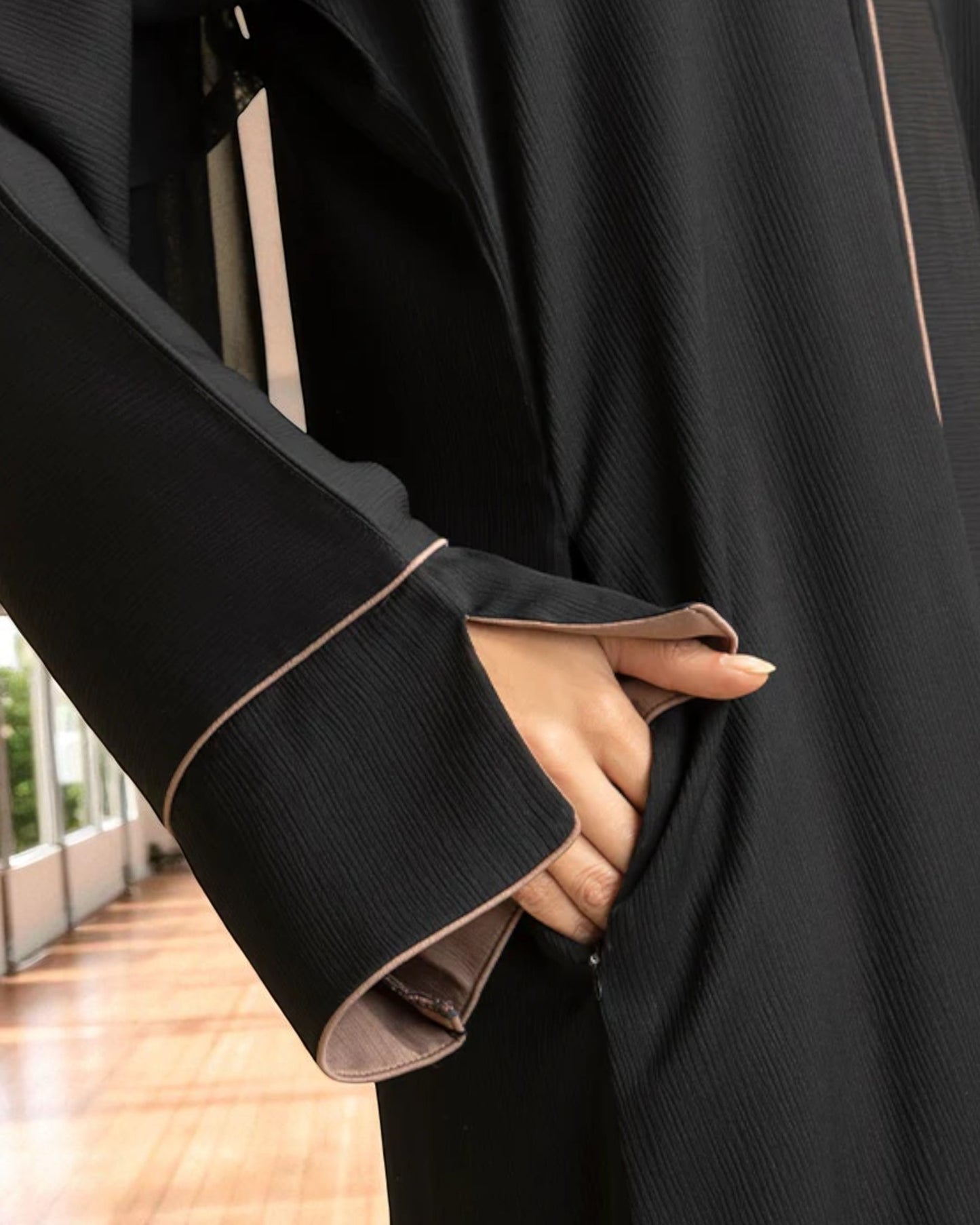 Front Open Abaya with Piping Design - Zoom Crush Fabric - Designer Sleeves with Contrast Lining - Side Pockets - Complementary Hijab