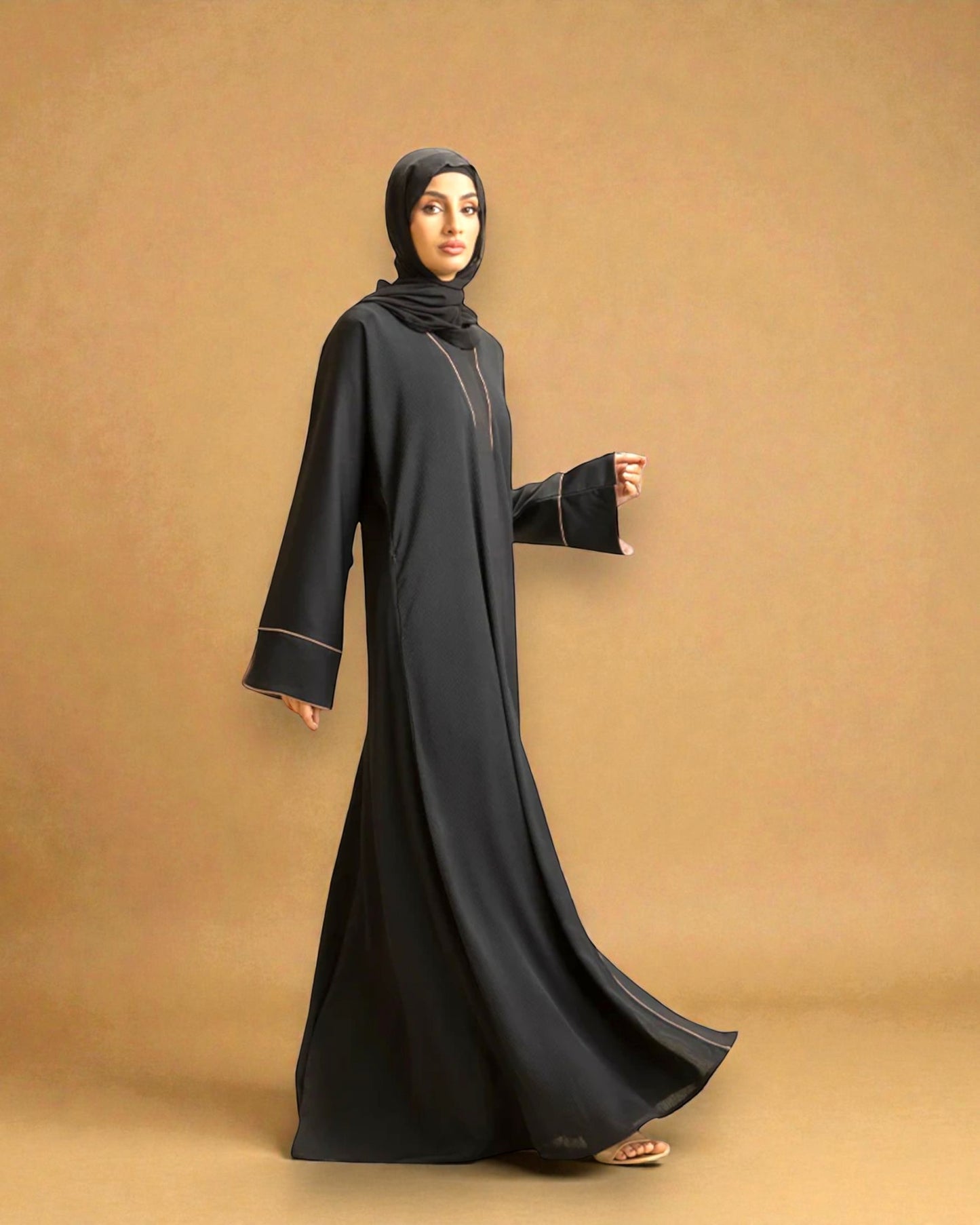 Front Open Abaya with Piping Design - Zoom Crush Fabric - Designer Sleeves with Contrast Lining - Side Pockets - Complementary Hijab