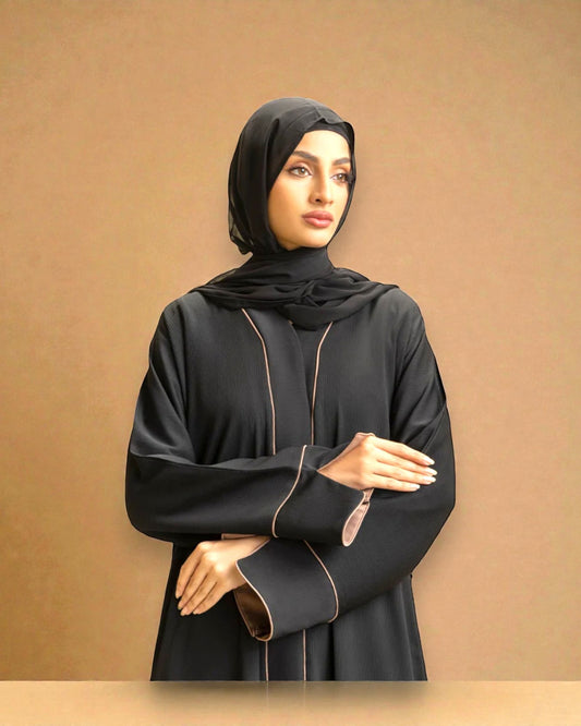 Front Open Abaya with Piping Design - Zoom Crush Fabric - Designer Sleeves with Contrast Lining - Side Pockets - Complementary Hijab