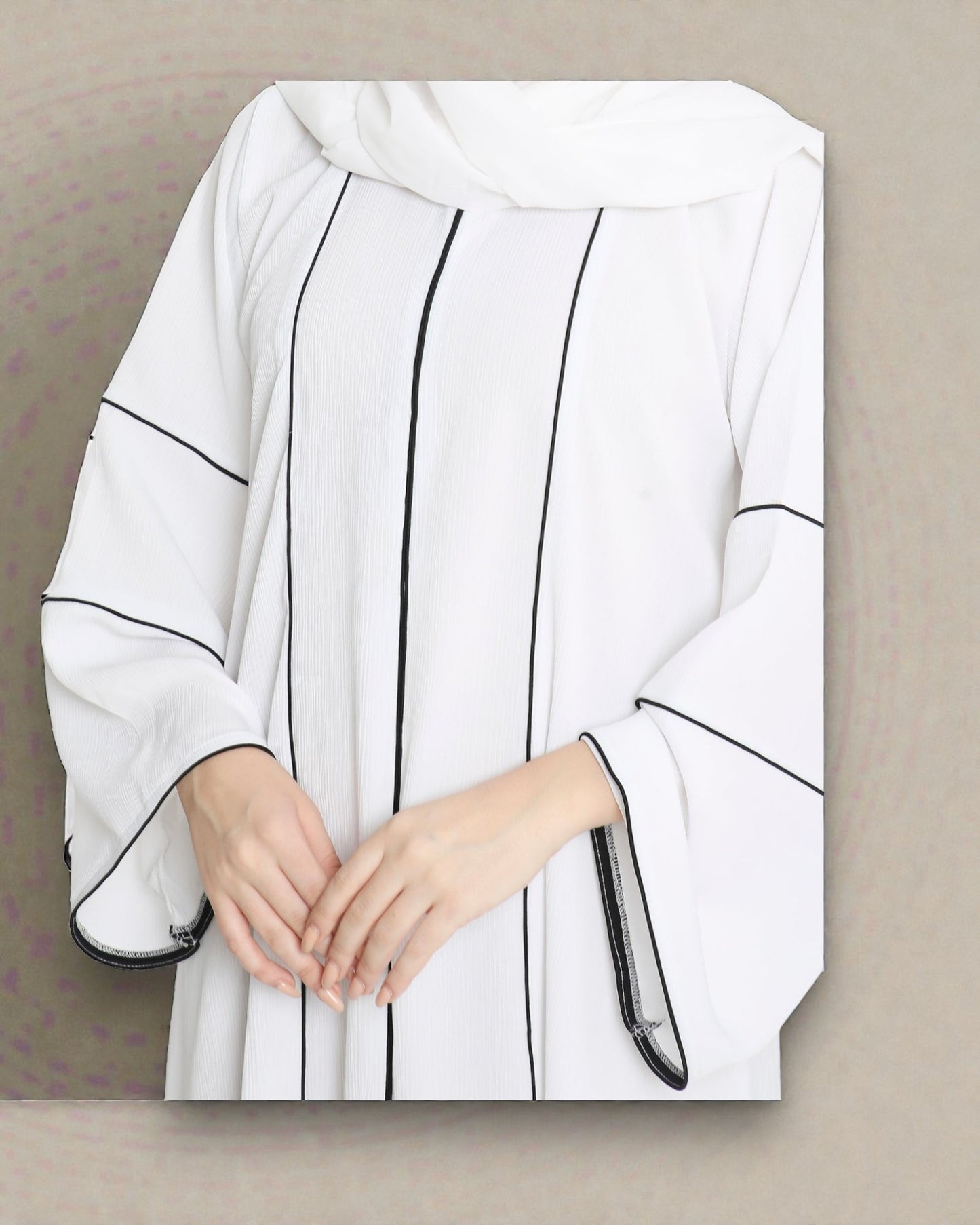 Front Open Abaya in Premium Praada Fabric with Contrast Piping, Wide Sleeves, Pockets & V-Neck