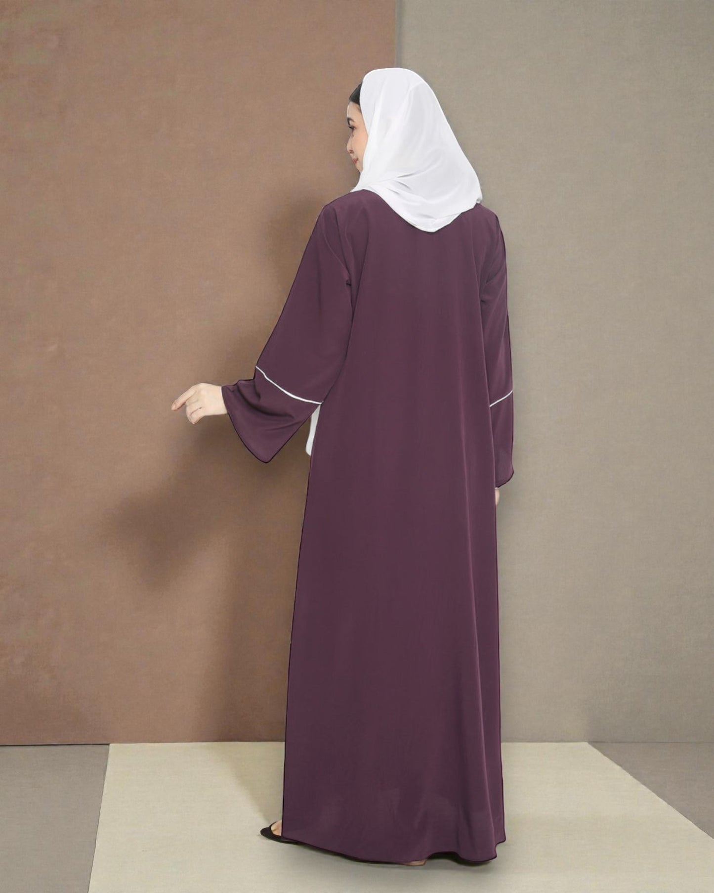 Front Open Abaya in Premium Praada Fabric with Contrast Piping, Wide Sleeves, Pockets & V-Neck