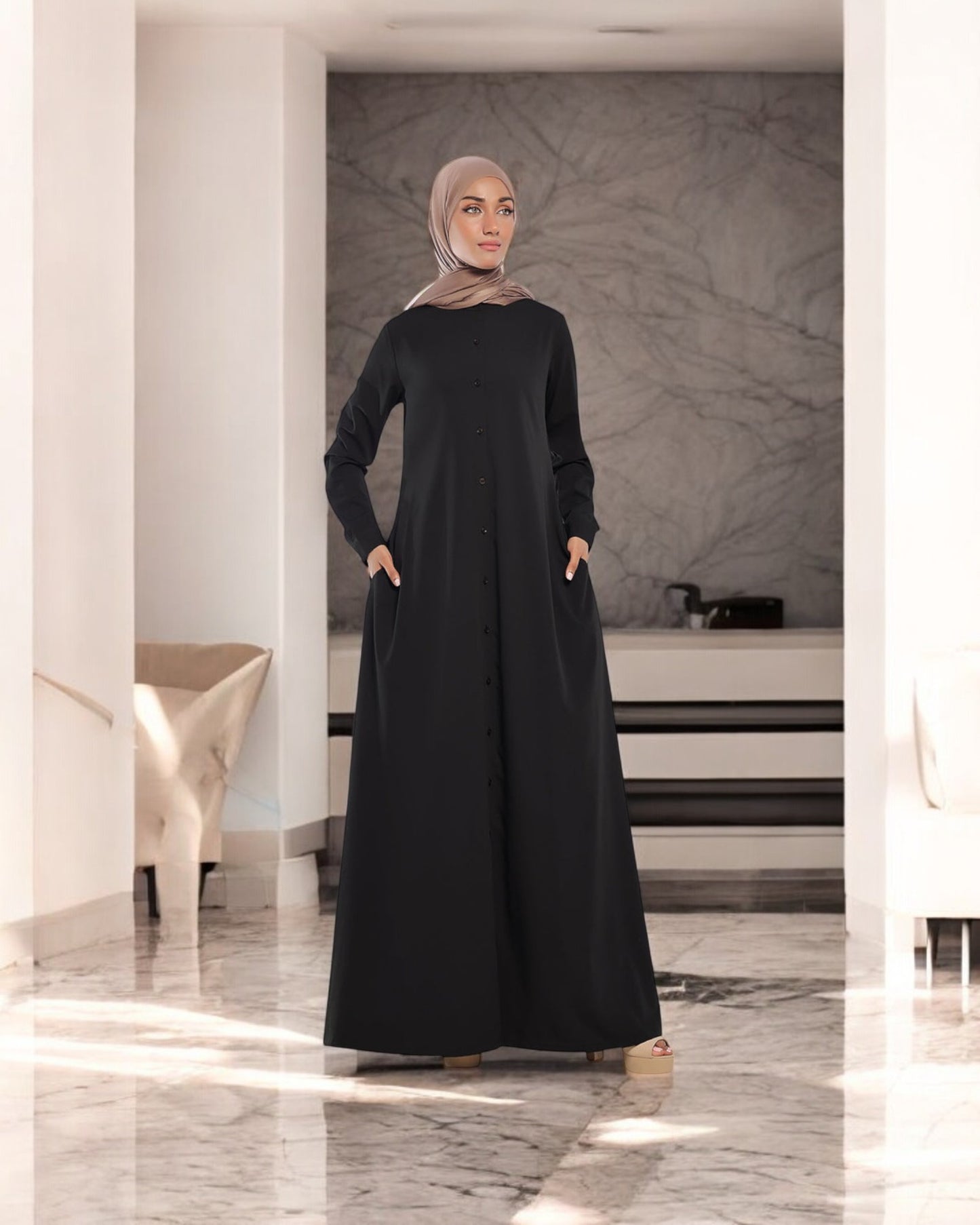 Front Open Firdaus Fabric Abaya with Button Opening