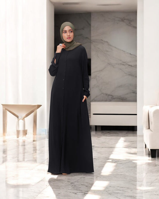 Front Open Firdaus Fabric Abaya with Button Opening