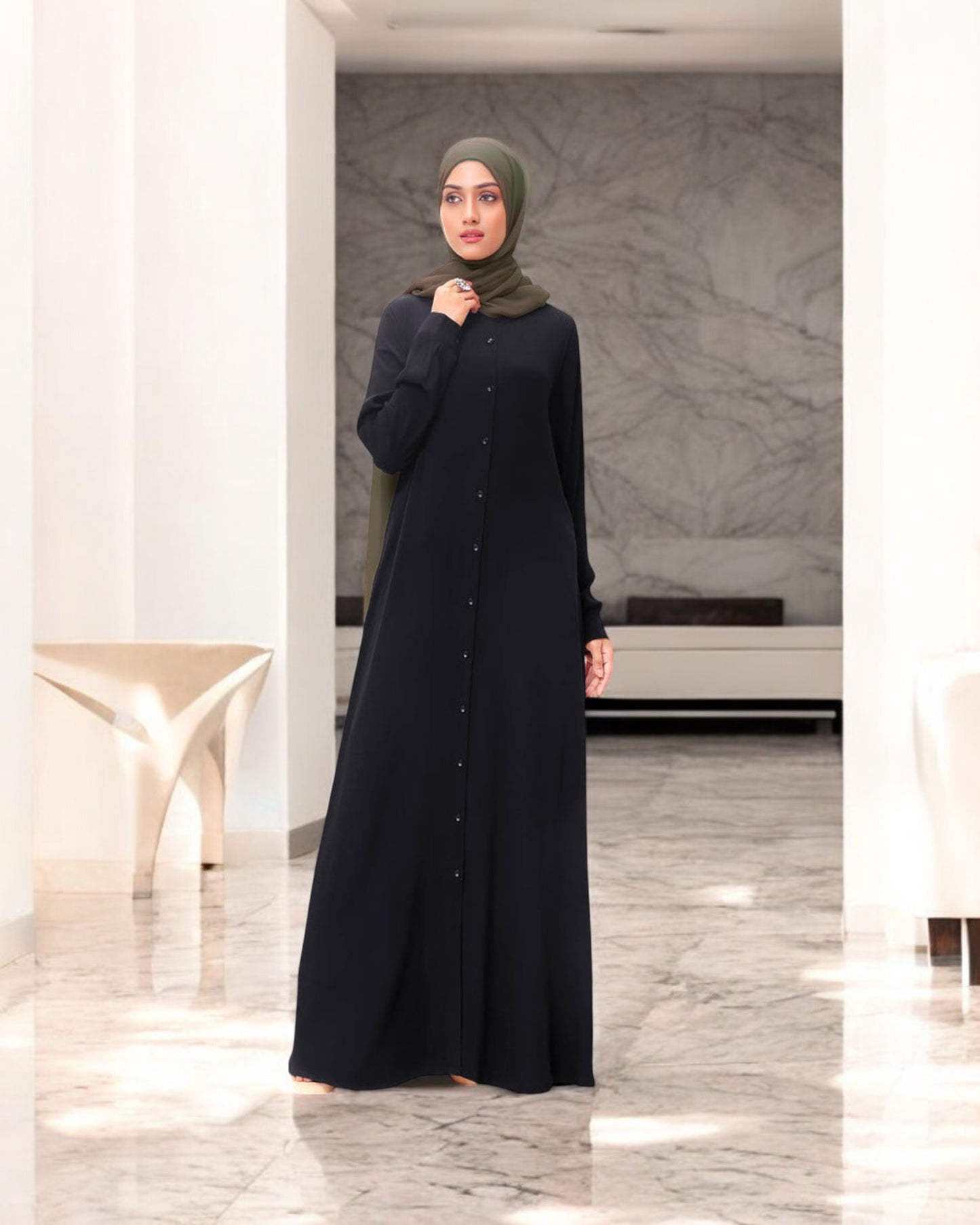 Front Open Firdaus Fabric Abaya with Button Opening