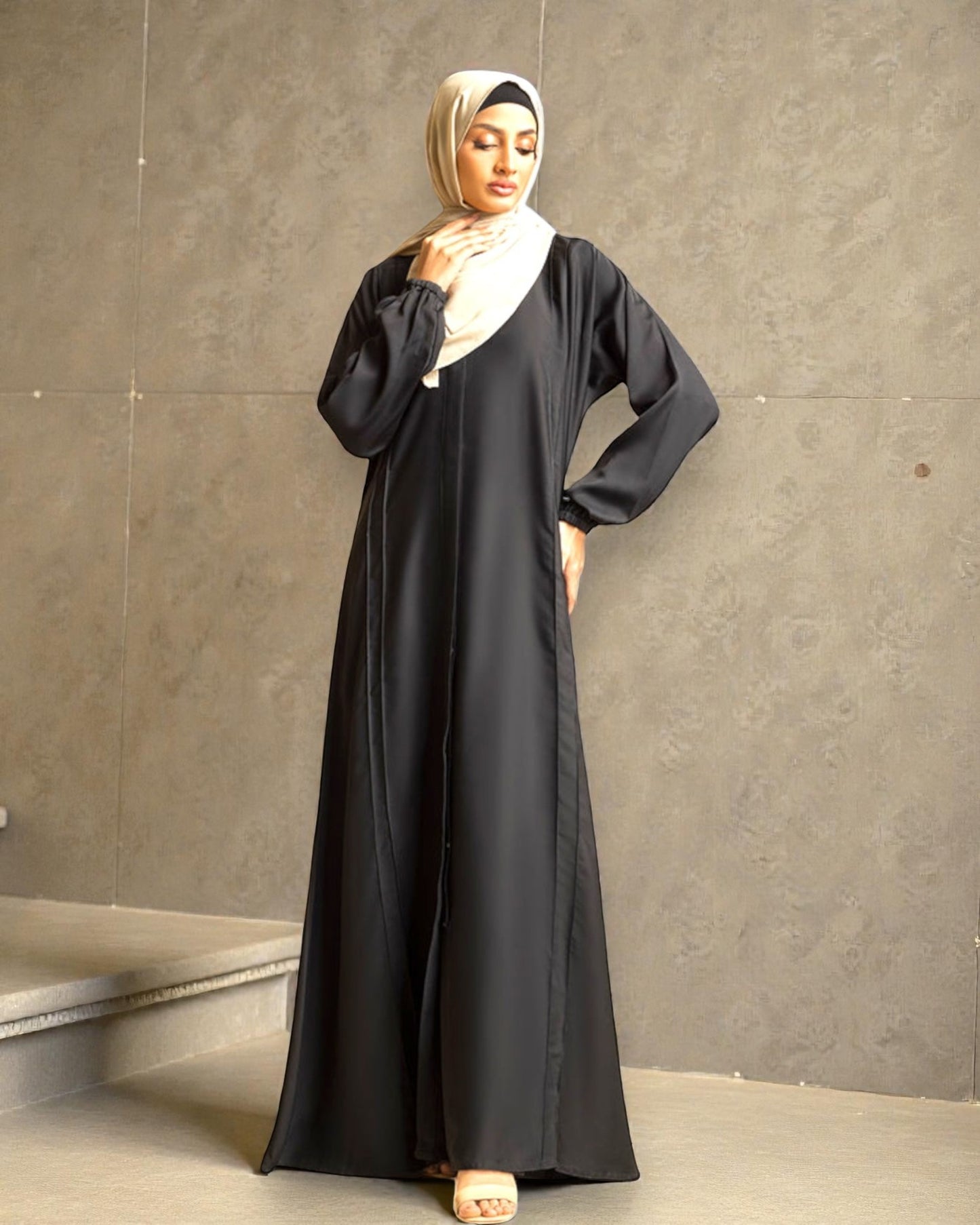 Front Open Abaya with Pintucks - Elasticated Sleeves - Side Pockets - Complementary Hijab - Firdaus Fabric