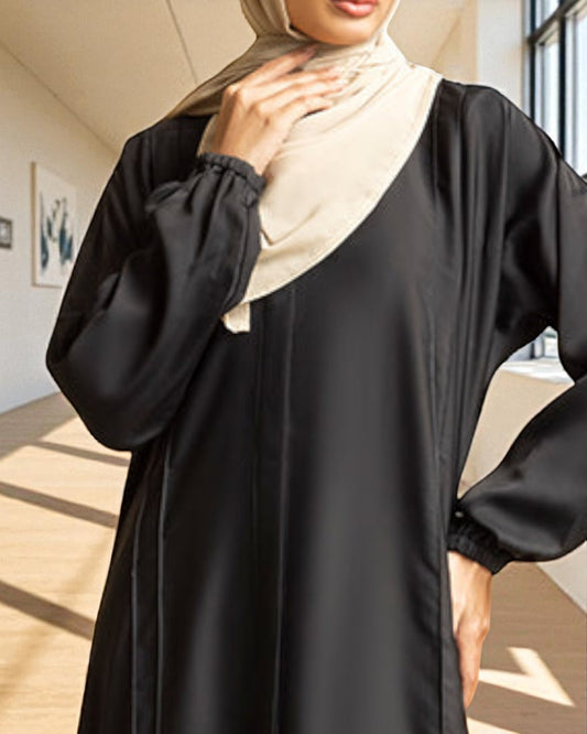 Front Open Abaya with Pintucks - Elasticated Sleeves - Side Pockets - Complementary Hijab - Firdaus Fabric