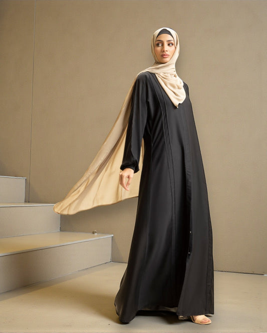 Front Open Abaya with Pintucks - Elasticated Sleeves - Side Pockets - Complementary Hijab - Firdaus Fabric