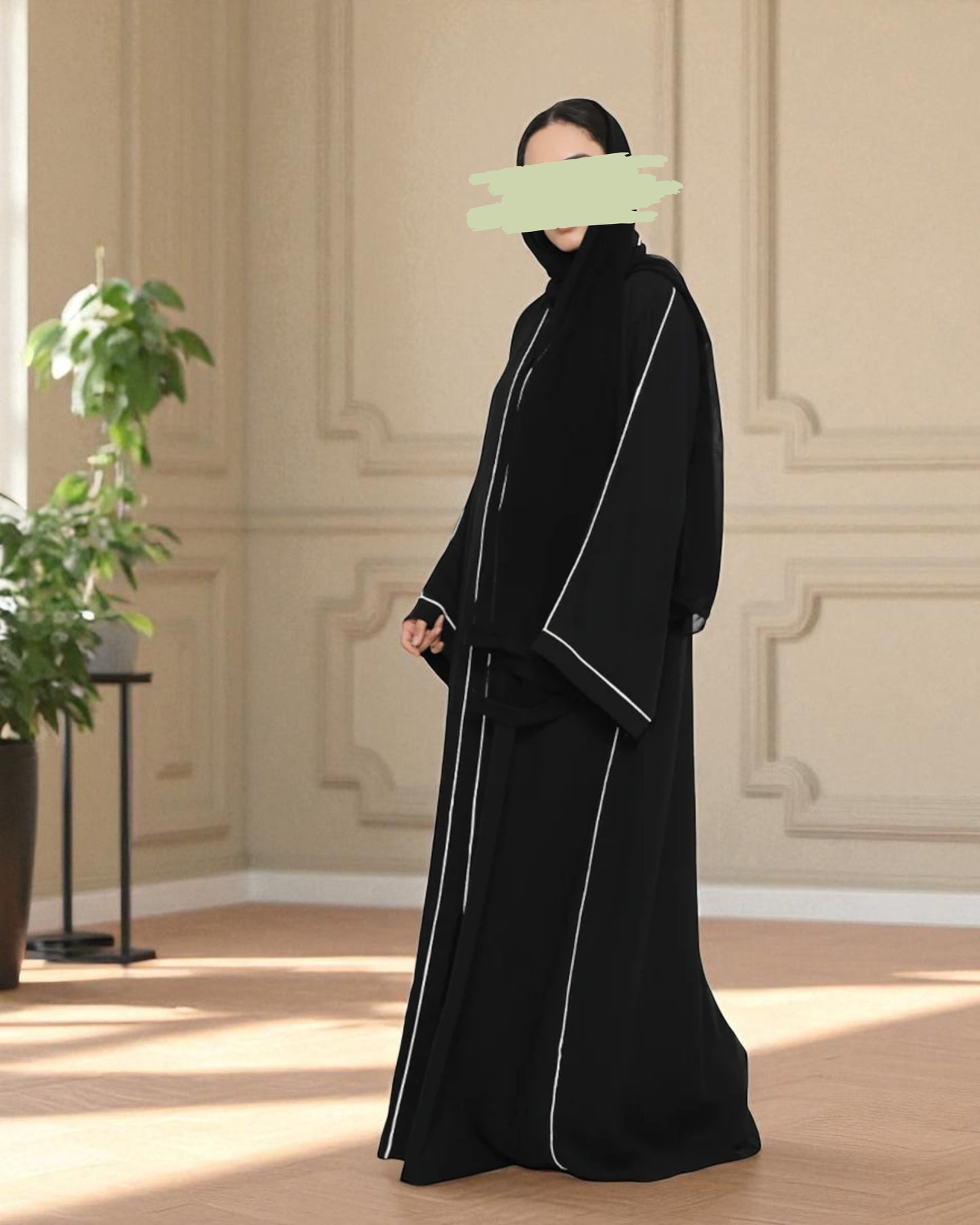 Black Front-Open Abaya in Firdaus Fabric with White Piping, Side Pockets & Snap Buttons