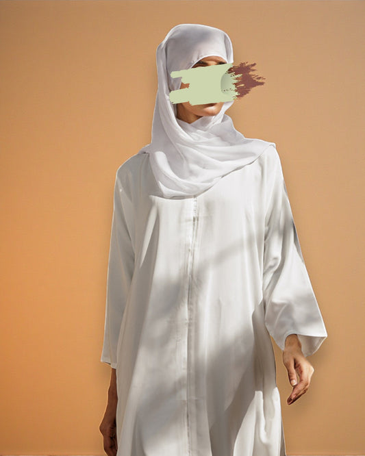 Front Open White Abaya in Firdaus Fabric with Snap Buttons, Wide Sleeves, Pockets & V-Neck