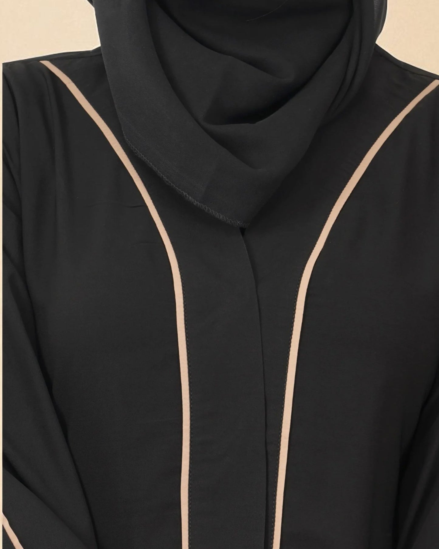 Front Open Abaya in Firdaus Fabric with Contrast Piping, Snap Buttons, Wide Sleeves & V-Neck