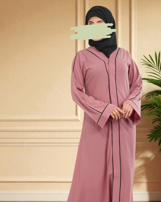 Front Open Abaya in Firdaus Fabric with Contrast Piping, Snap Buttons, Wide Sleeves & V-Neck