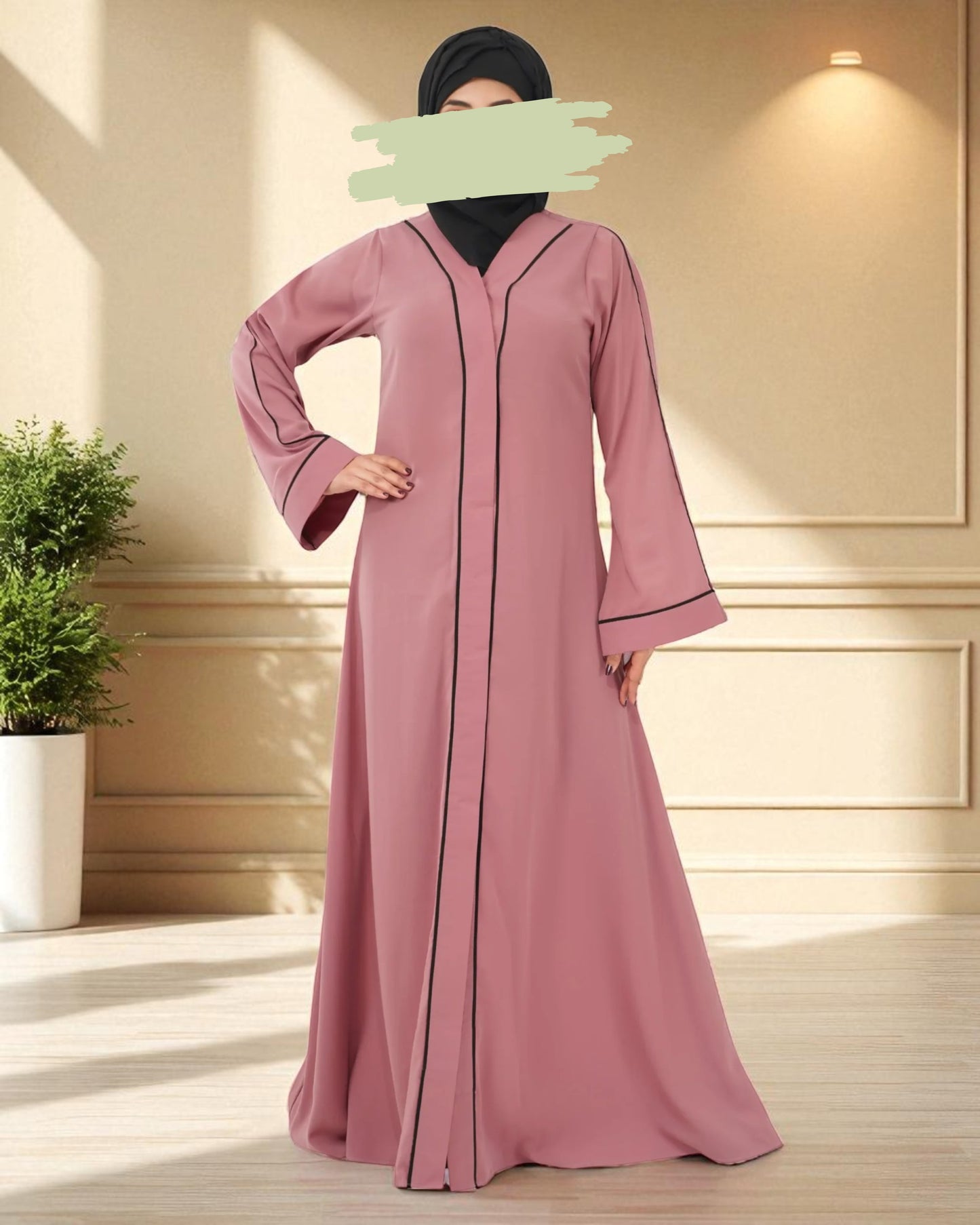 Front Open Abaya in Firdaus Fabric with Contrast Piping, Snap Buttons, Wide Sleeves & V-Neck