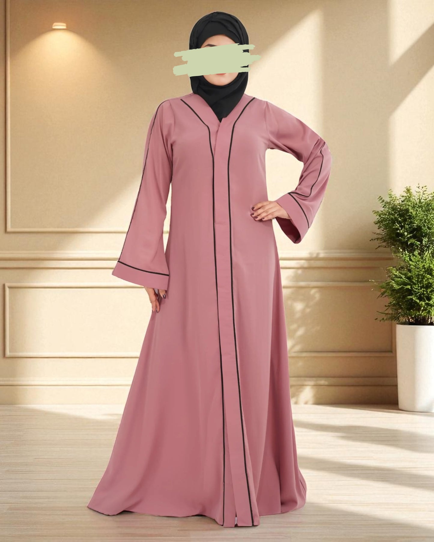 Front Open Abaya in Firdaus Fabric with Contrast Piping, Snap Buttons, Wide Sleeves & V-Neck