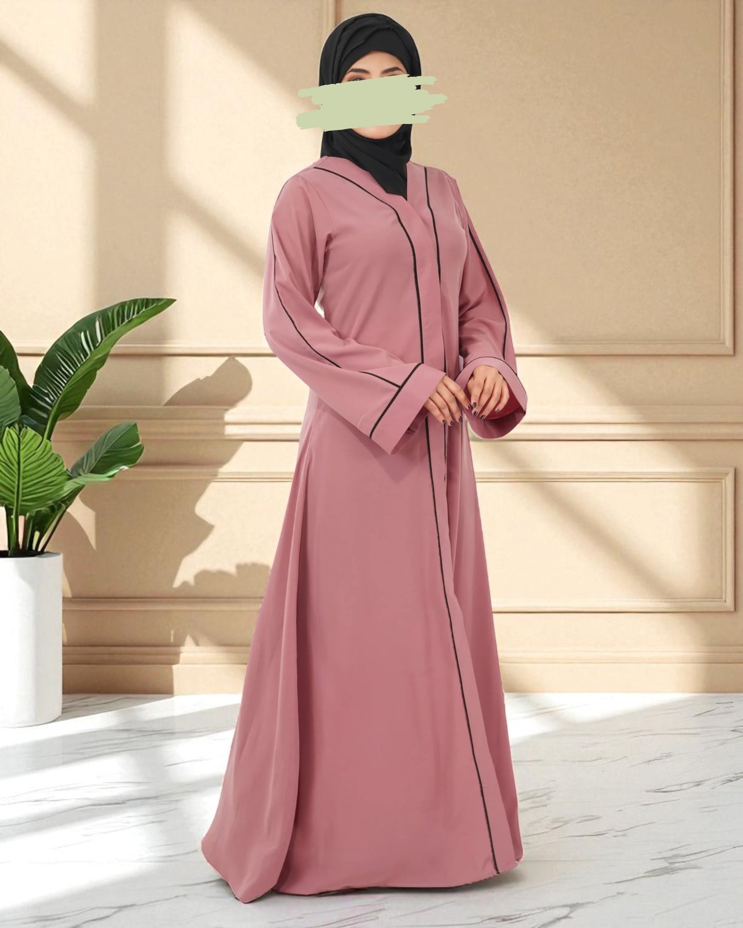 Front Open Abaya in Firdaus Fabric with Contrast Piping, Snap Buttons, Wide Sleeves & V-Neck