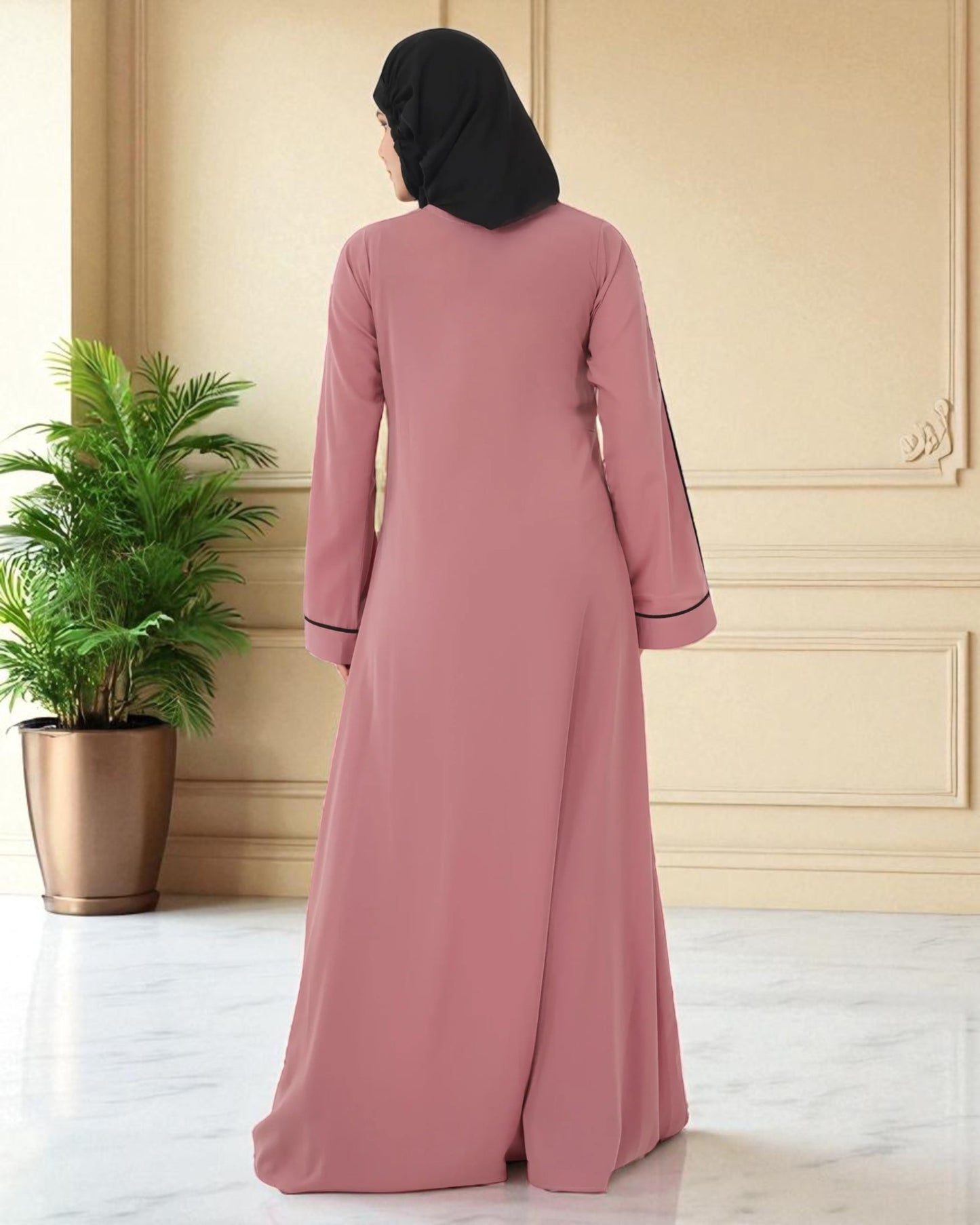 Front Open Abaya in Firdaus Fabric with Contrast Piping, Snap Buttons, Wide Sleeves & V-Neck