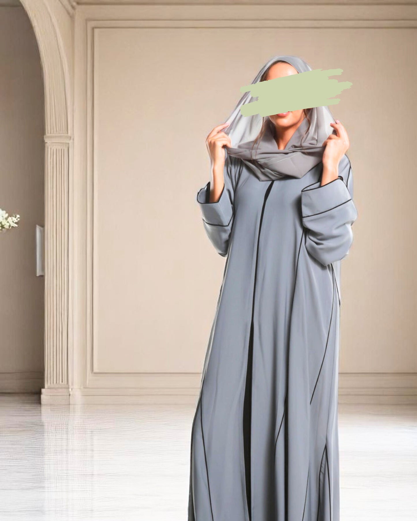 Front Open Abaya in Firdaus Fabric with Contrast Piping, Designer Sleeves, Snap Buttons & V-Neck