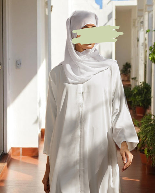Front Open White Abaya in Firdaus Fabric with Snap Buttons, Wide Sleeves, Pockets & V-Neck