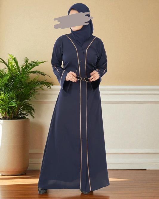 Front Open Abaya in Firdaus Fabric with Contrast Piping, Snap Buttons, Wide Sleeves & V-Neck