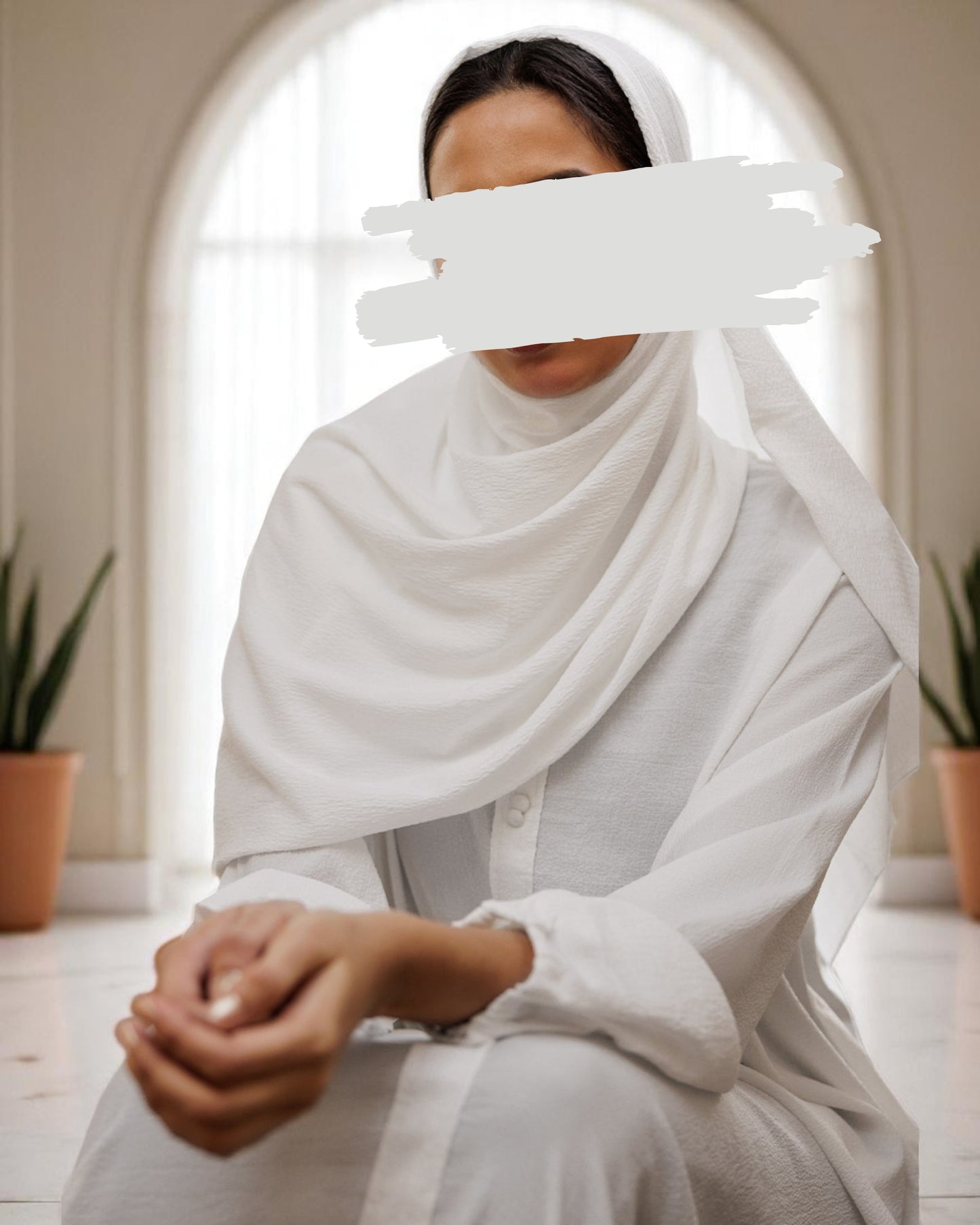 A-Line Closed White Abaya in CYE Crush Fabric with Show Buttons, Wide Sleeves, Pockets & V-Neck