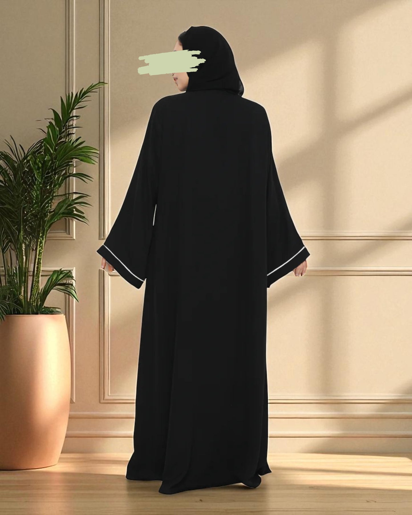 Black Front-Open Abaya in Firdaus Fabric with White Piping, Side Pockets & Snap Buttons