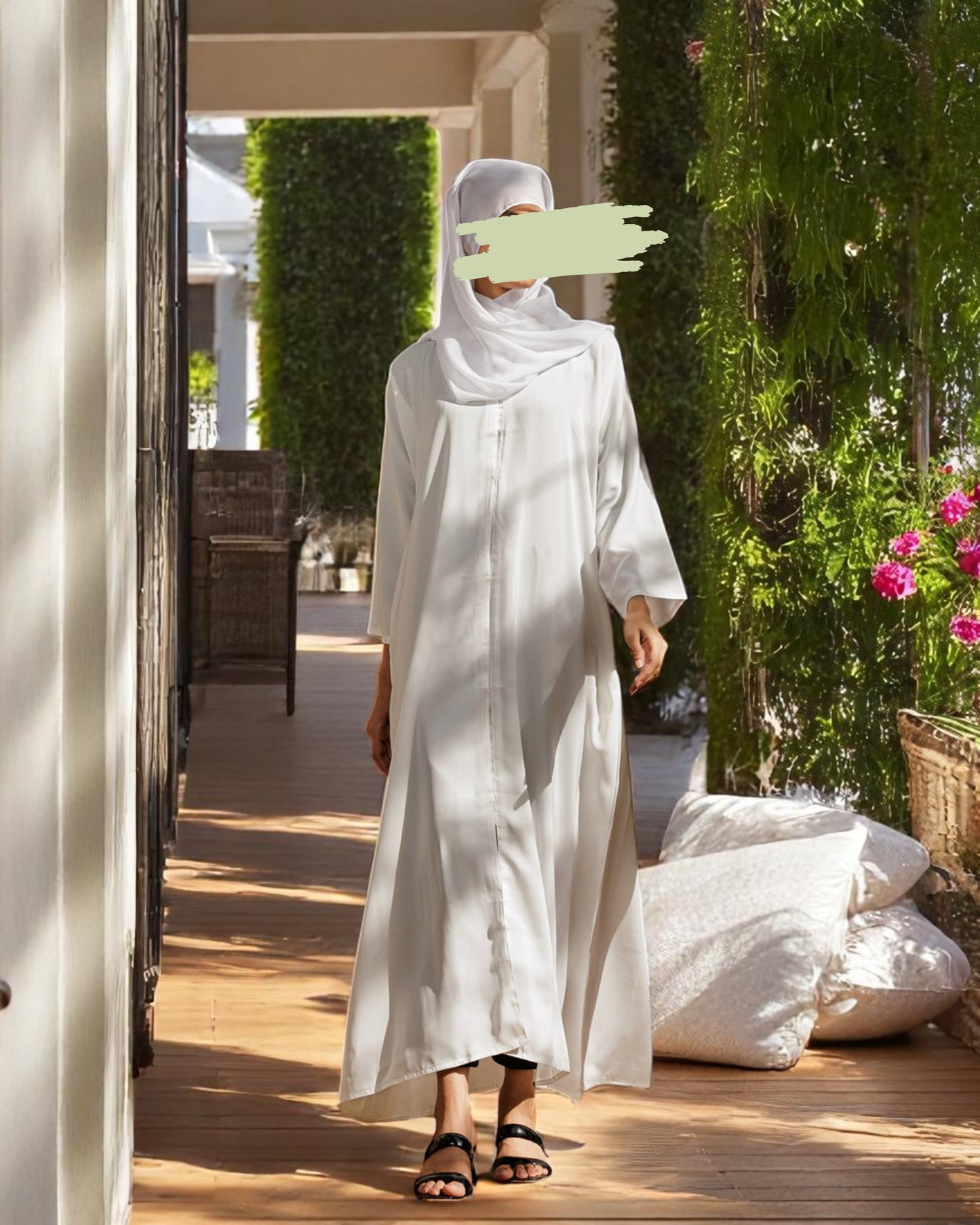 Front Open White Abaya in Firdaus Fabric with Snap Buttons, Wide Sleeves, Pockets & V-Neck