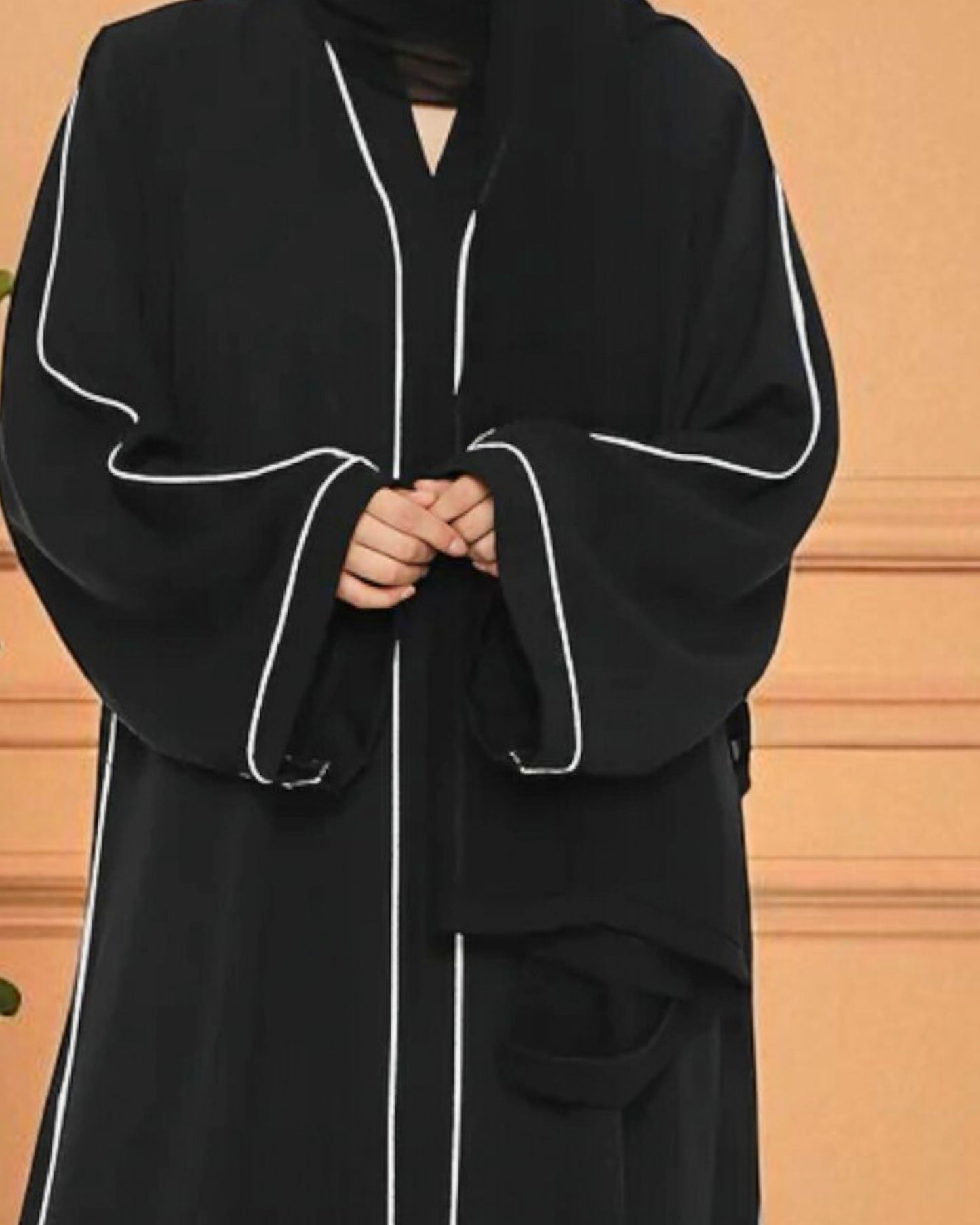 Black Front-Open Abaya in Firdaus Fabric with White Piping, Side Pockets & Snap Buttons