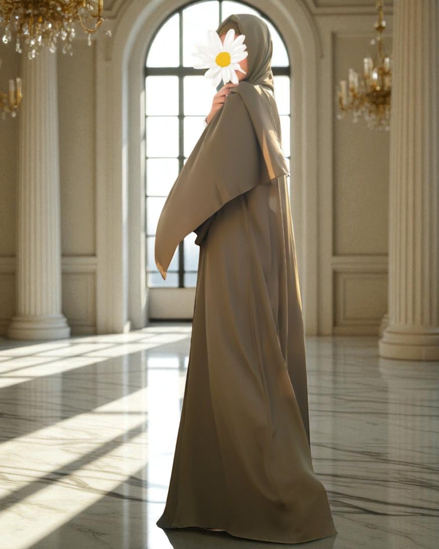 Front Open Abaya in Firdaus Fabric with Balloon Sleeves, Fabric Buttons & Side Pockets