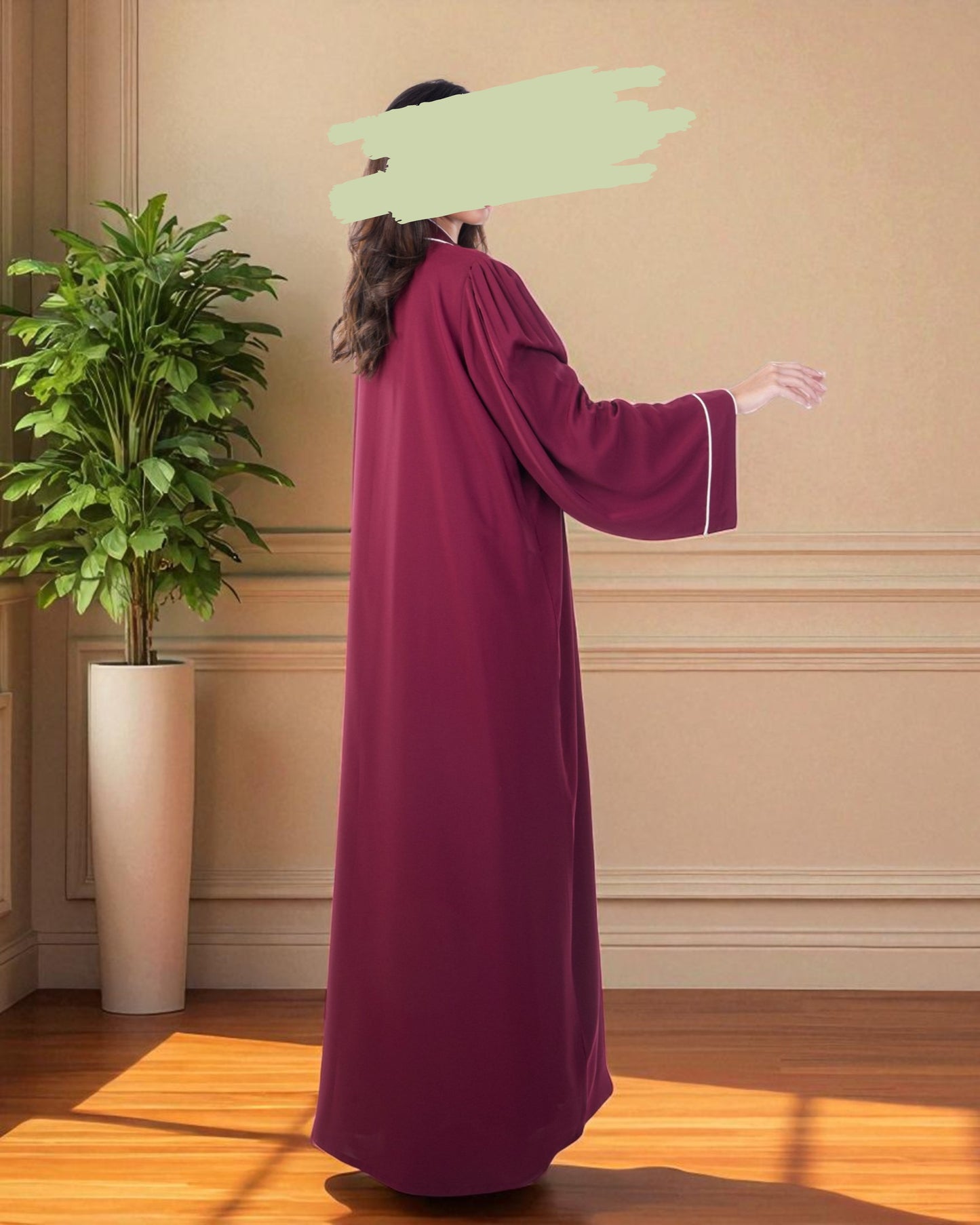 Front Open Maroon Abaya in Firdaus Fabric with White Piping, Snap Buttons, Wide Sleeves & V-Neck