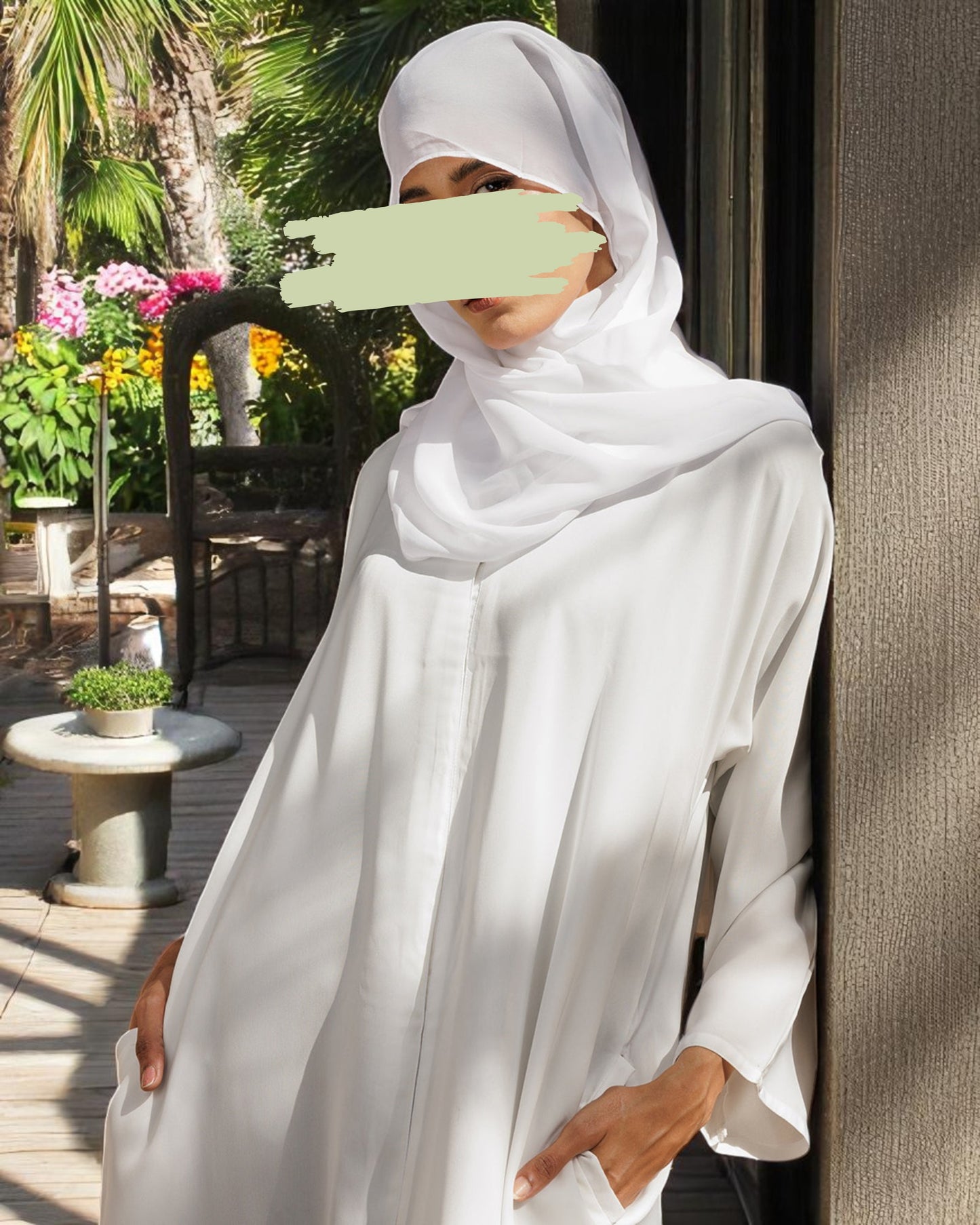 Front Open White Abaya in Firdaus Fabric with Snap Buttons, Wide Sleeves, Pockets & V-Neck