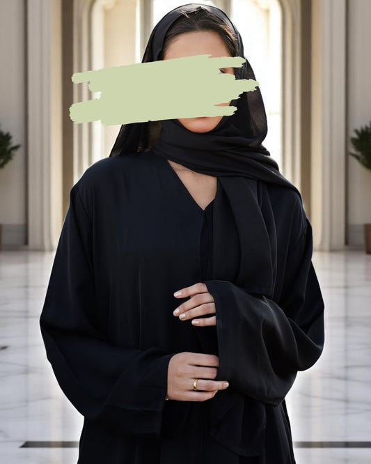 Front Open Black Abaya in Firdaus Fabric with Snap Buttons, Wide Sleeves, Pockets & V-Neck