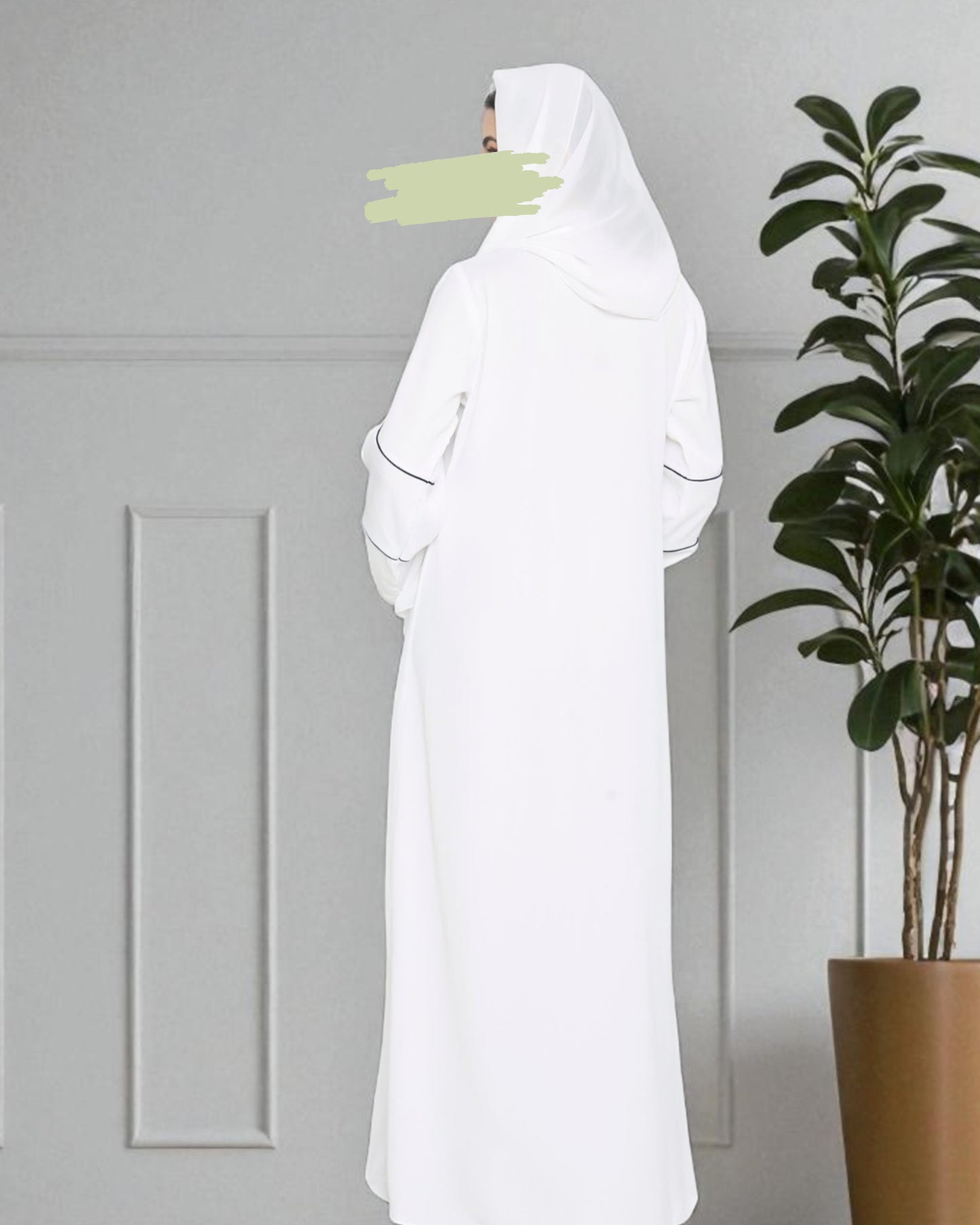 Front Open Abaya in Premium Praada Fabric with Contrast Piping, Wide Sleeves, Pockets & V-Neck