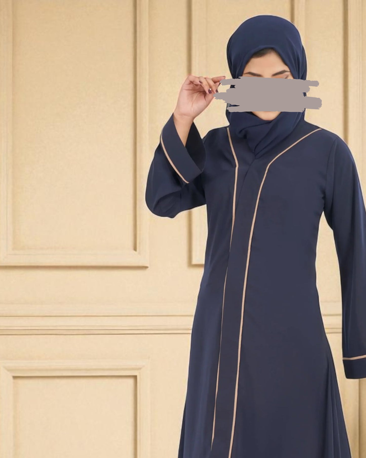 Front Open Abaya in Firdaus Fabric with Contrast Piping, Snap Buttons, Wide Sleeves & V-Neck