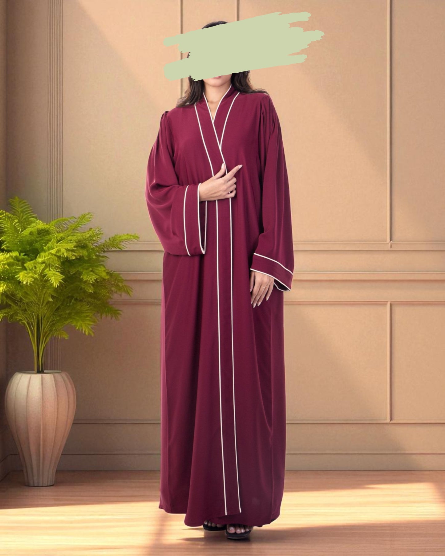 Front Open Maroon Abaya in Firdaus Fabric with White Piping, Snap Buttons, Wide Sleeves & V-Neck
