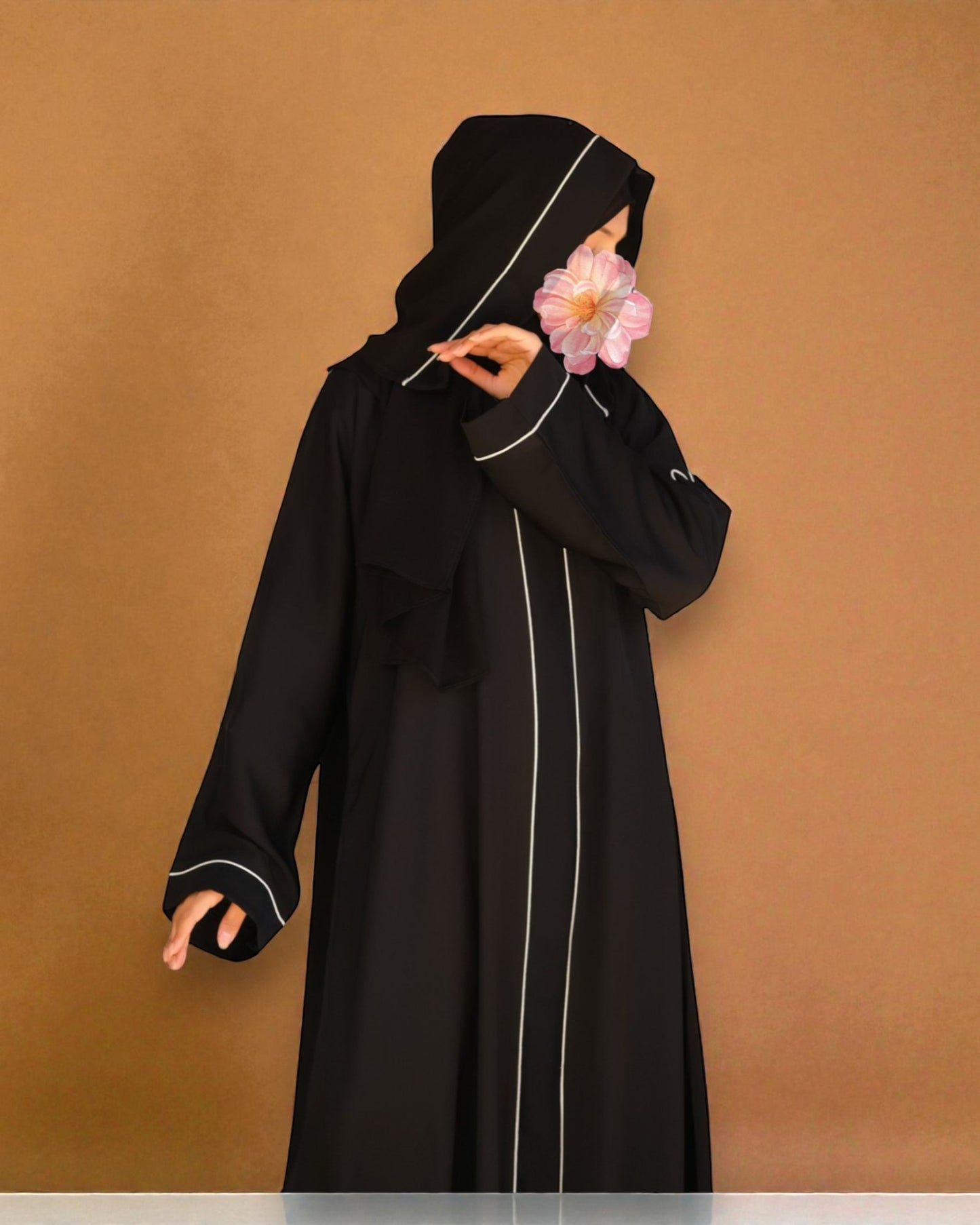 Front Open Abaya in Firdaus Fabric with Contrast Detailing, Wide Sleeves, V-Neck & Side Pockets