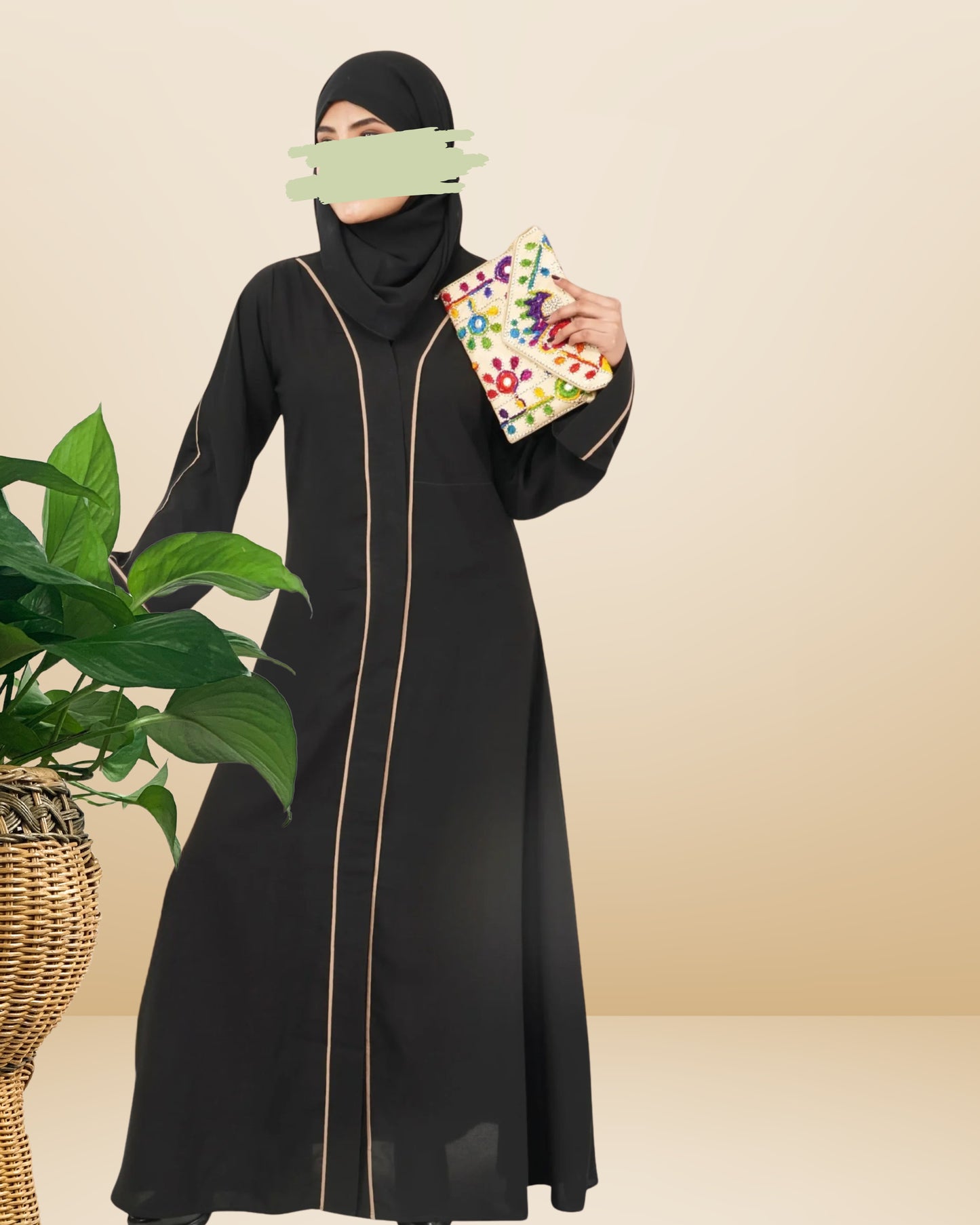 Front Open Abaya in Firdaus Fabric with Contrast Piping, Snap Buttons, Wide Sleeves & V-Neck