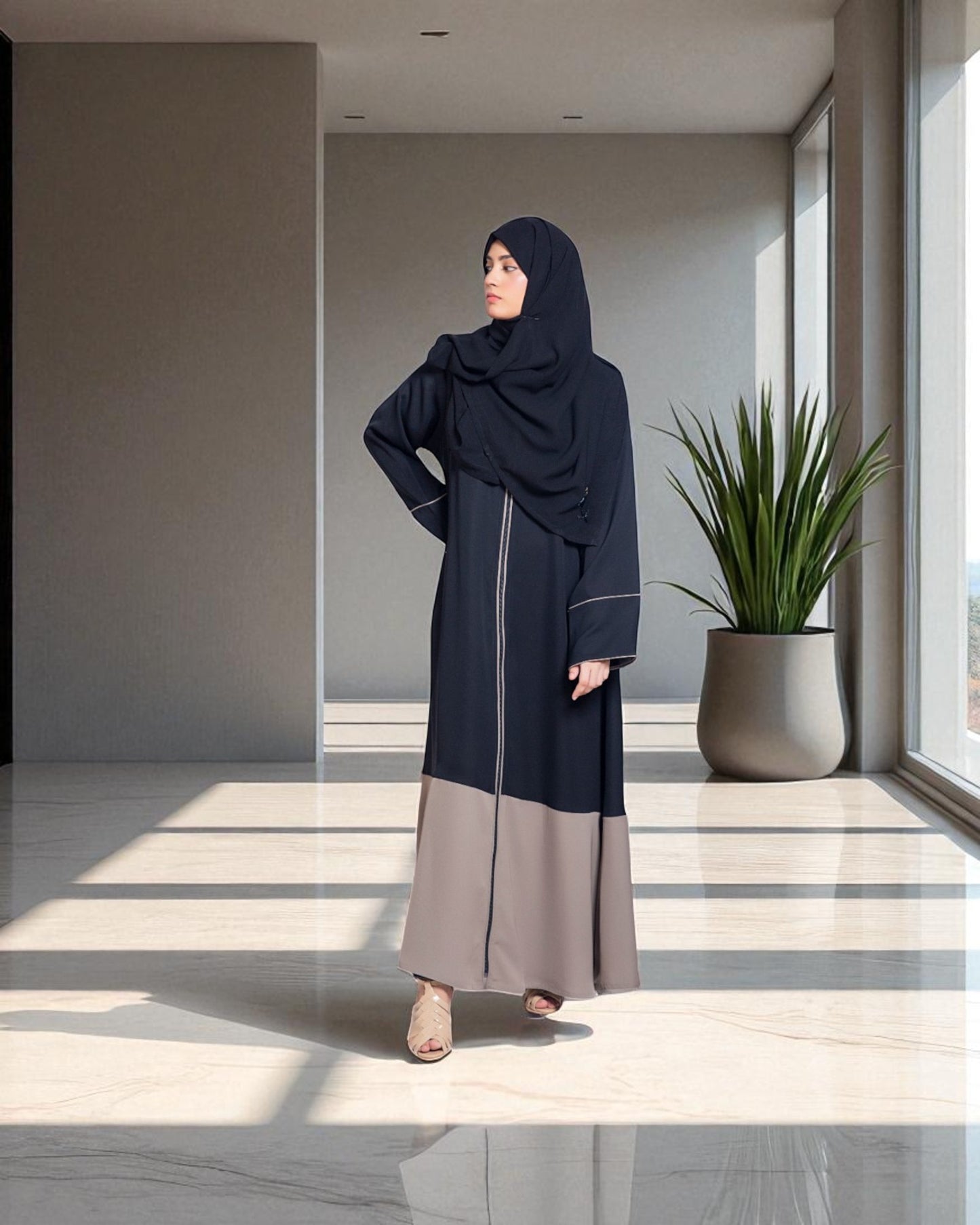 Front Open Abaya in Dual Color with Long Zipper and Contrast Piping - Wide Sleeves - Side Pockets - Complementary Hijab - Firdaus Fabric