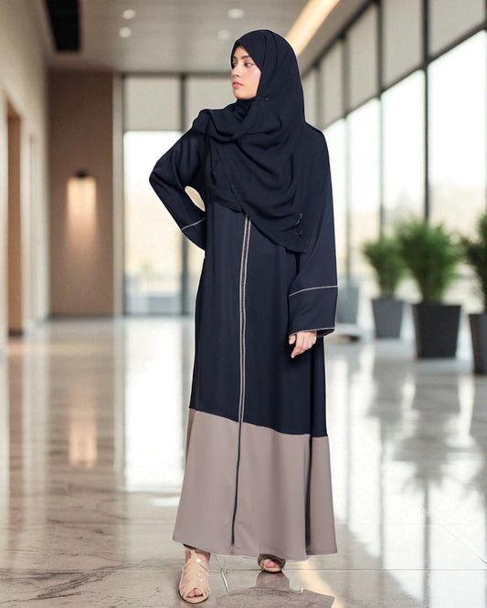 Front Open Abaya in Dual Color with Long Zipper and Contrast Piping - Wide Sleeves - Side Pockets - Complementary Hijab - Firdaus Fabric