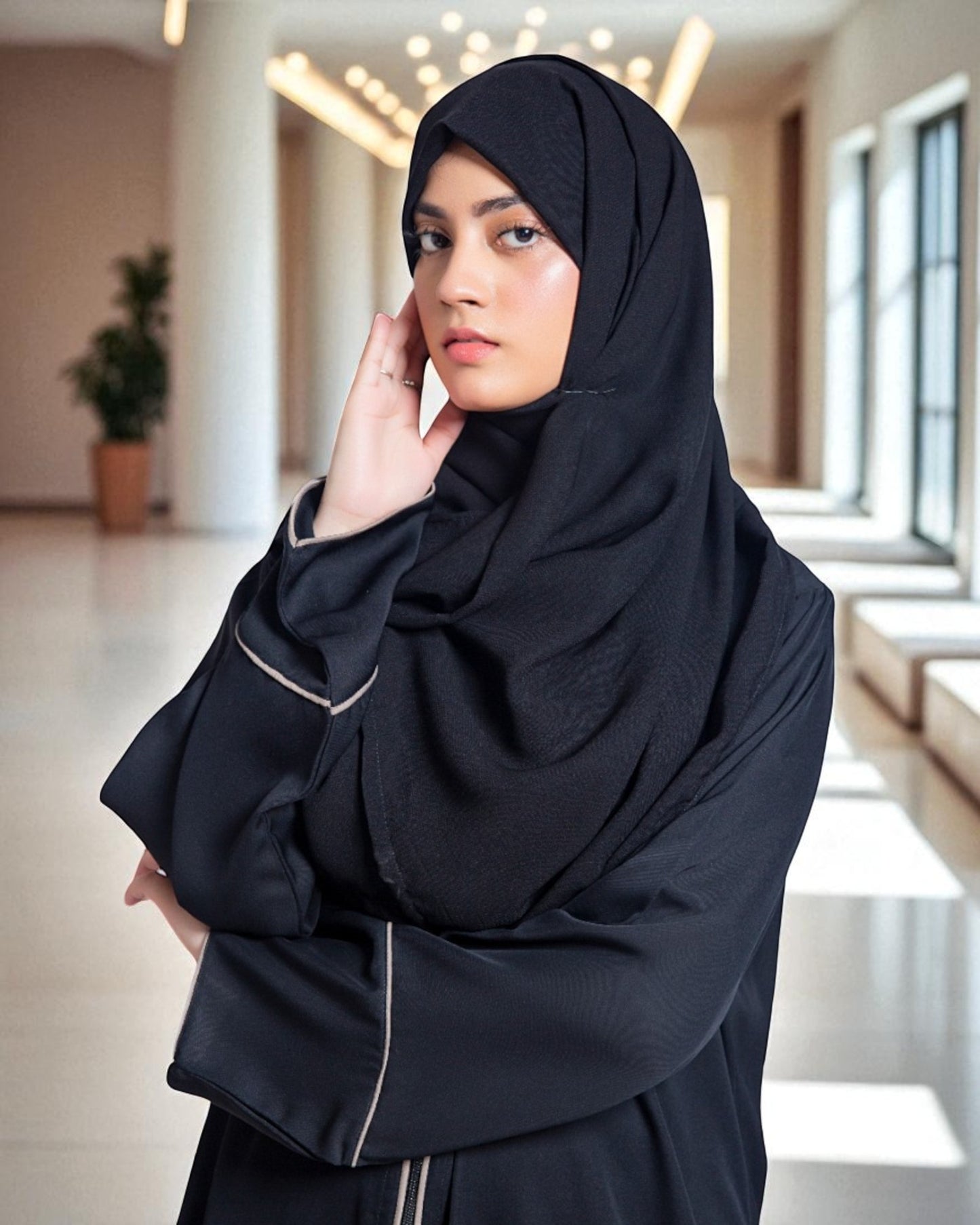 Front Open Abaya in Dual Color with Long Zipper and Contrast Piping - Wide Sleeves - Side Pockets - Complementary Hijab - Firdaus Fabric