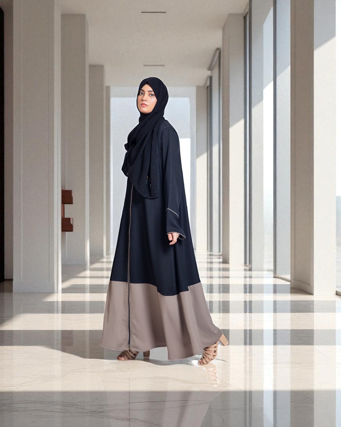 Front Open Abaya in Dual Color with Long Zipper and Contrast Piping - Wide Sleeves - Side Pockets - Complementary Hijab - Firdaus Fabric