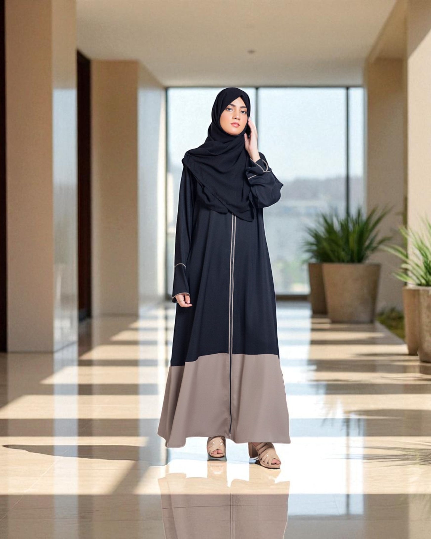 Front Open Abaya in Dual Color with Long Zipper and Contrast Piping - Wide Sleeves - Side Pockets - Complementary Hijab - Firdaus Fabric