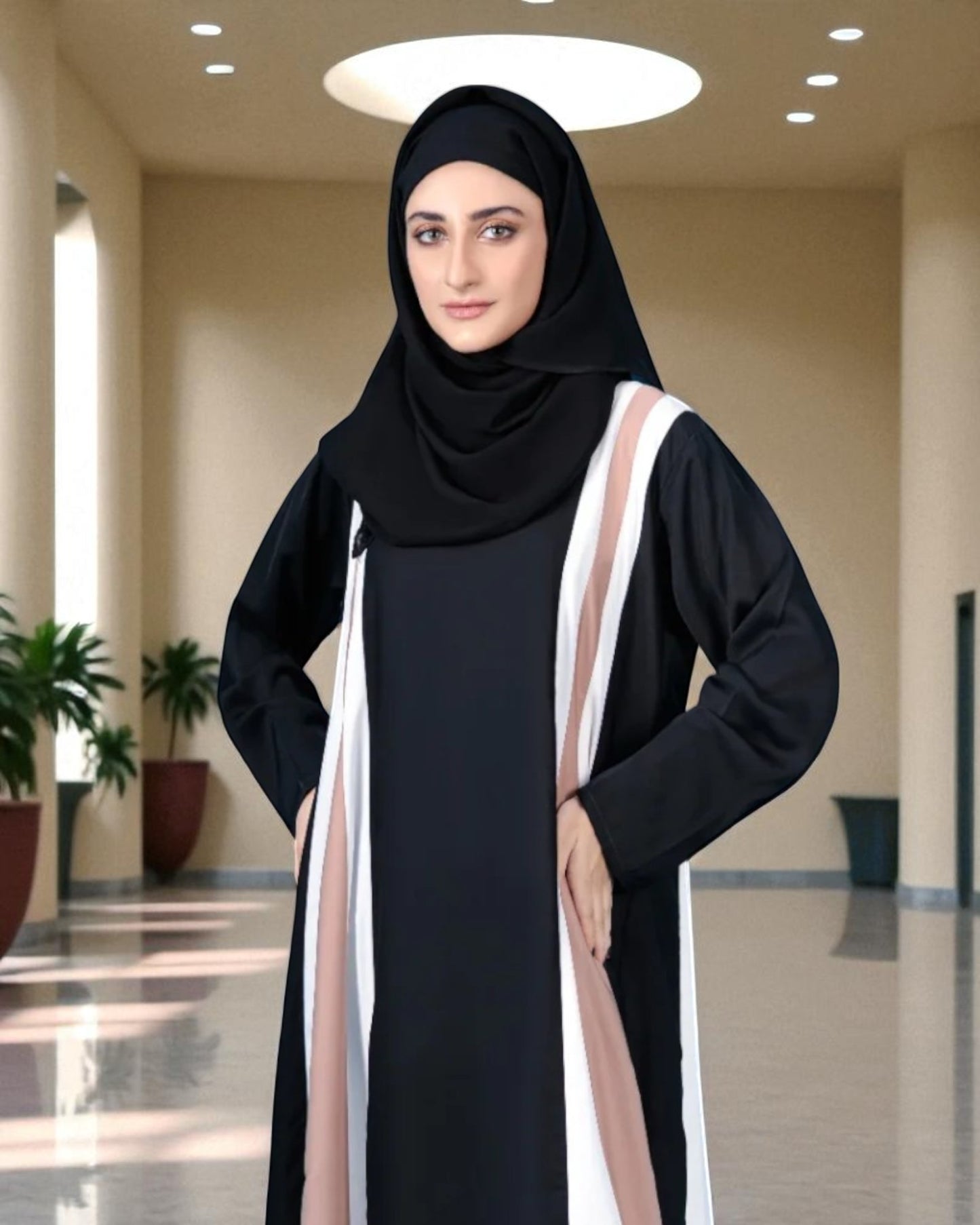 Closed Abaya in Multicolor - Flared Design - Regular Sleeves - Side Pockets - Complementary Hijab