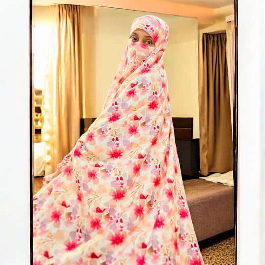 Printed Khimar-Long Prayer Hijab With Attached Mouth-Piece