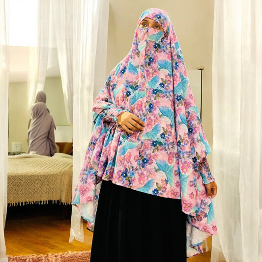 Printed Khimar-Long Prayer Hijab With Attached Mouth-Piece