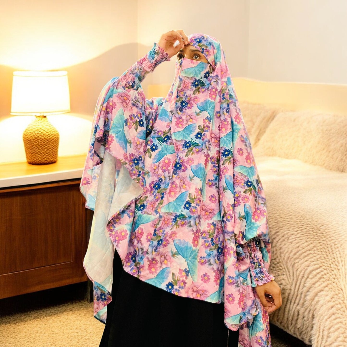 Printed Khimar-Long Prayer Hijab With Attached Mouth-Piece