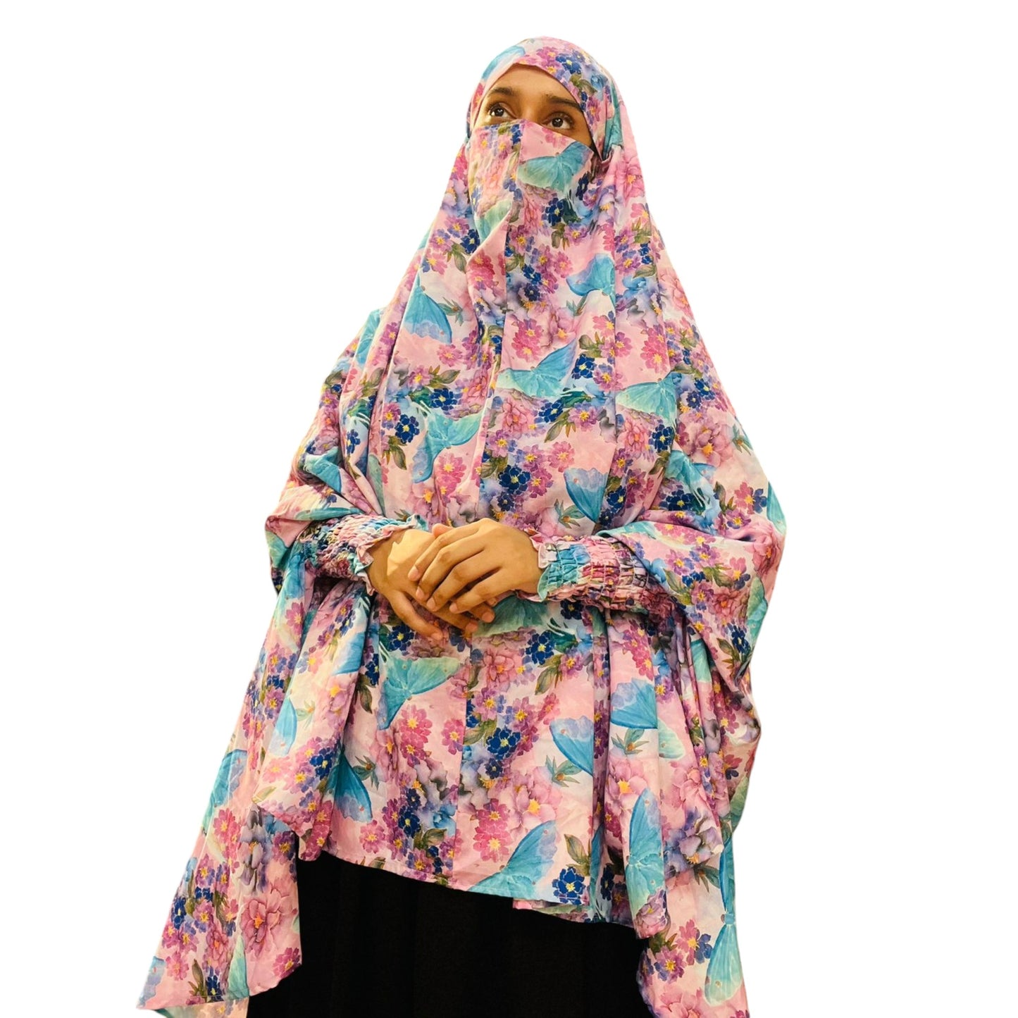 Printed Khimar-Long Prayer Hijab With Attached Mouth-Piece