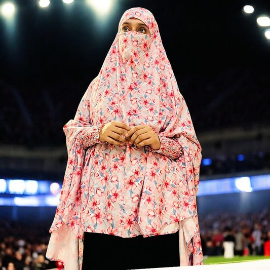 Printed Khimar-Long Prayer Hijab With Attached Mouth-Piece