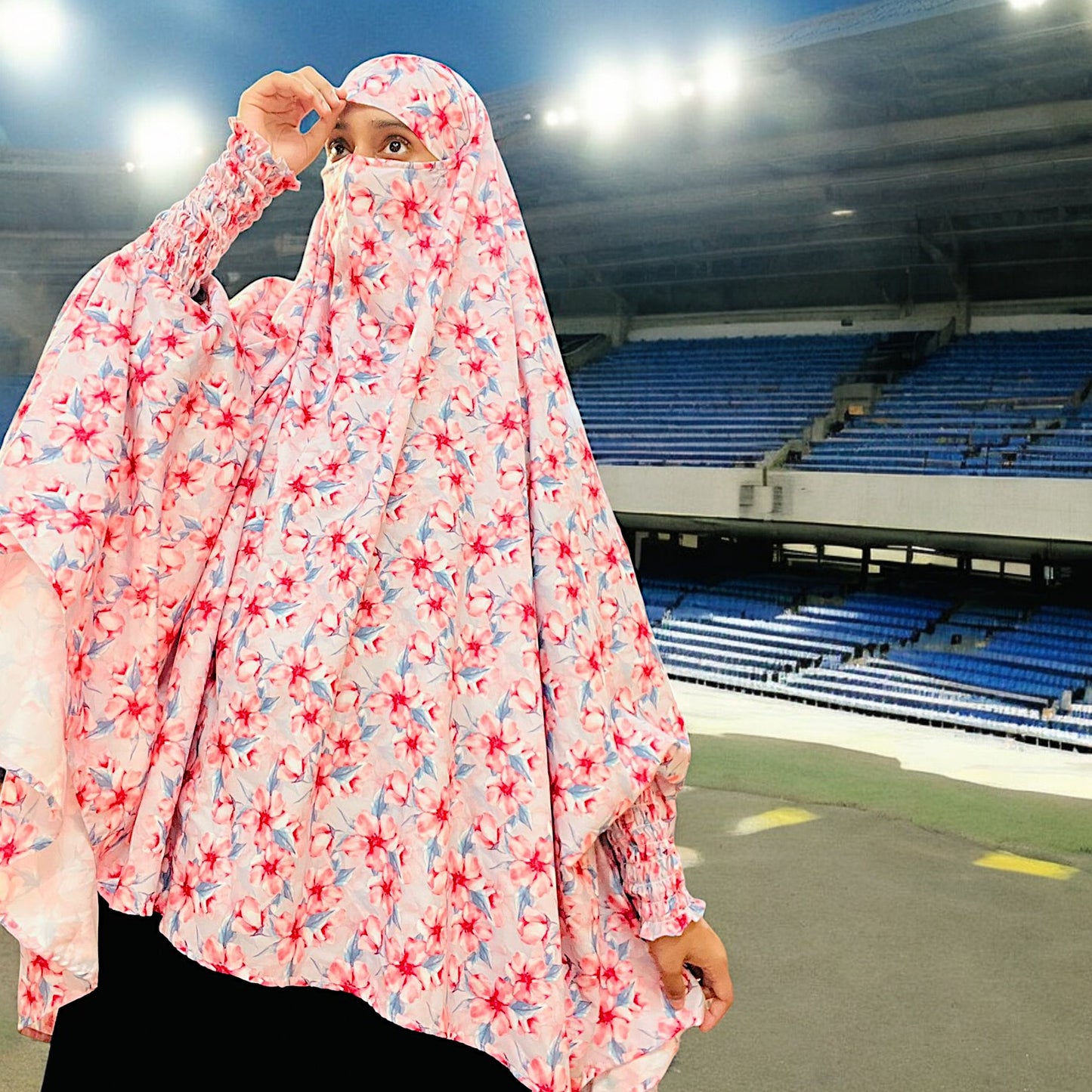 Printed Khimar-Long Prayer Hijab With Attached Mouth-Piece