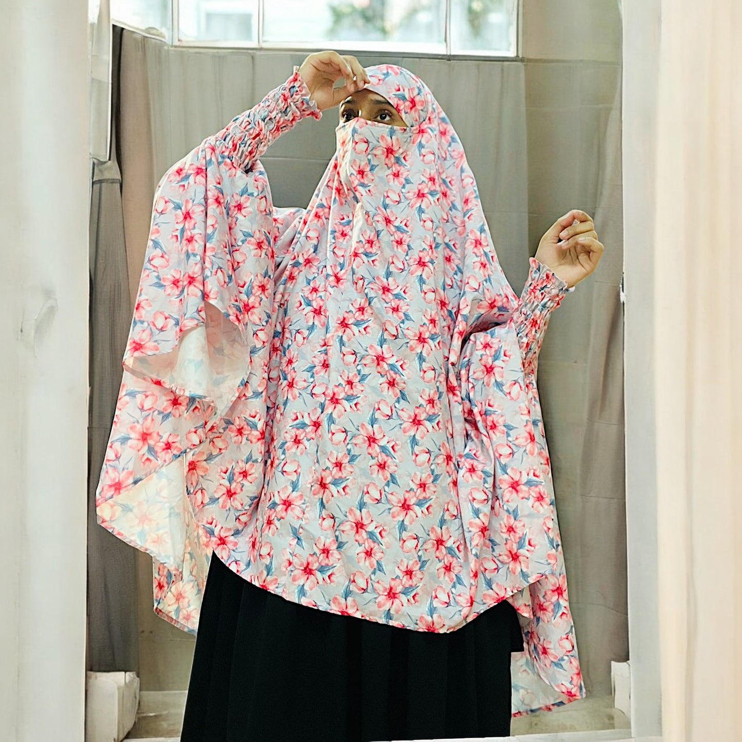 Printed Khimar-Long Prayer Hijab With Attached Mouth-Piece