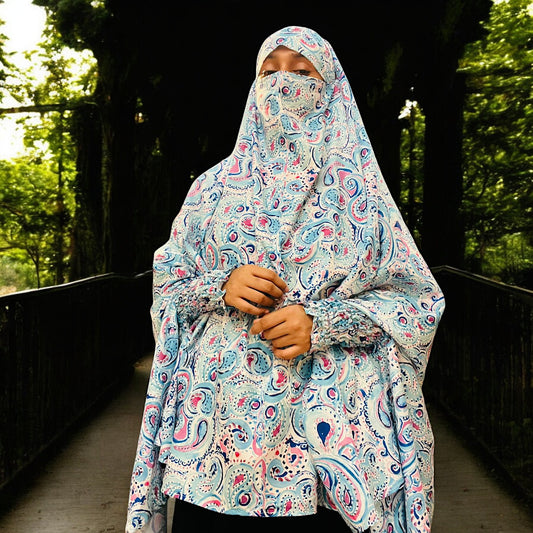 Printed Khimar-Long Prayer Hijab With Attached Mouth-Piece
