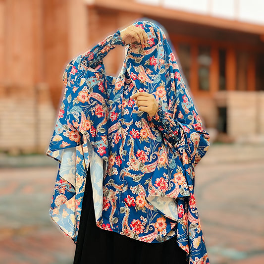 Printed Khimar-Long Prayer Hijab With Attached Mouth-Piece
